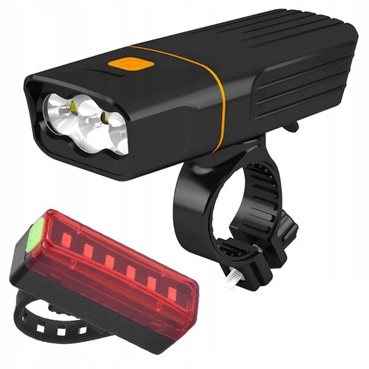 LED kerékpárlámpa készlet, Welora®, 100 000 óra feletti élettartam, 3 első LED, 6 hátsó LED, 4 első és 3 hátsó világítási modul, vízálló és ütésálló, láthatóság 1000 m felett, USB töltés, fekete