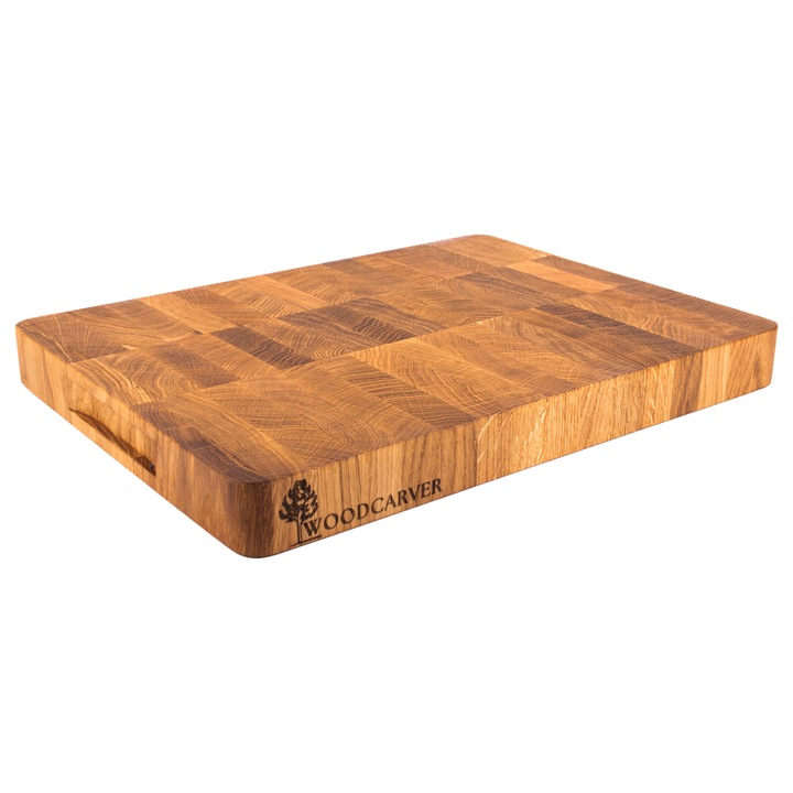 Tocator profesional din lemn de stejar, Margini rotunjite, Manere laterale, Set pentru taiat si servire, Creasta furtunii, Pentru servirea felurilor de mancare si aperitive, Elegant, Puternic, Durabil, Maro, De la producator, Woodcarver, 40x30x4 cm