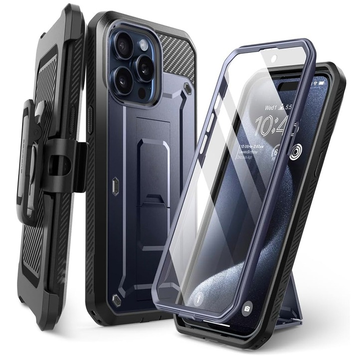 Калъф Armor, съвместим с Apple iPhone 15 Pro Max, FONIX Indestructible, 360 градусова защита, Поддържаща стойка, Скрийн протектор, Сваляща се щипка, Закопчаване на колана, Подсилени противоударни ъгли, Съвместим с MagSafe зареждане, Тъмно син