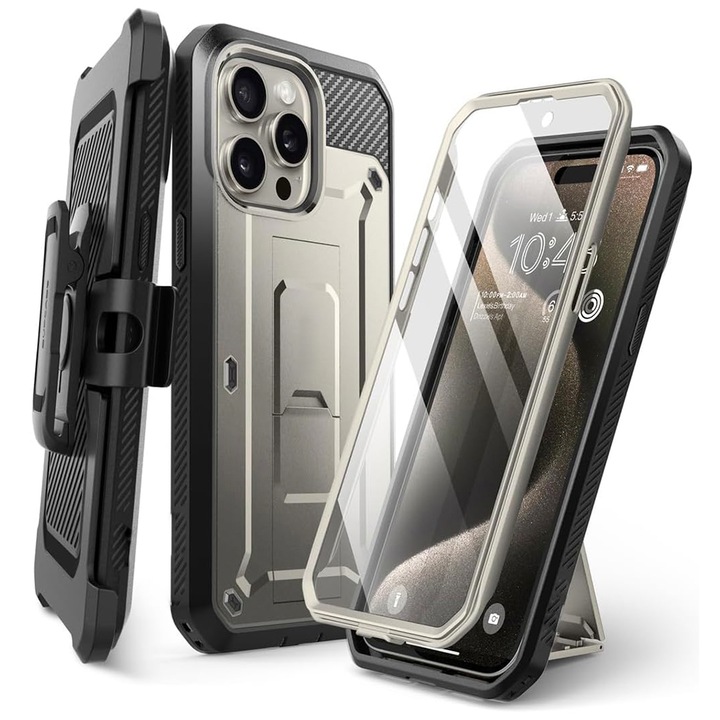 Калъф Armor, съвместим с Apple iPhone 15 Pro, FONIX Indestructible, 360 градусова защита, Стойка, Скрийн протектор, Сваляща се щипка, Закопчаване на колана, Подсилени противоударни ъгли, Съвместим с MagSafe зареждане, Сив