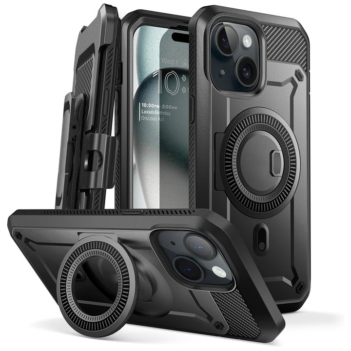Калъф MagSafe, съвместим с Apple iPhone 15, FONIX Indestructible Pro, 360 градусова защита, Протектор на екрана, Повдигнати ръбове, Подсилени противоударни ъгли, Черен
