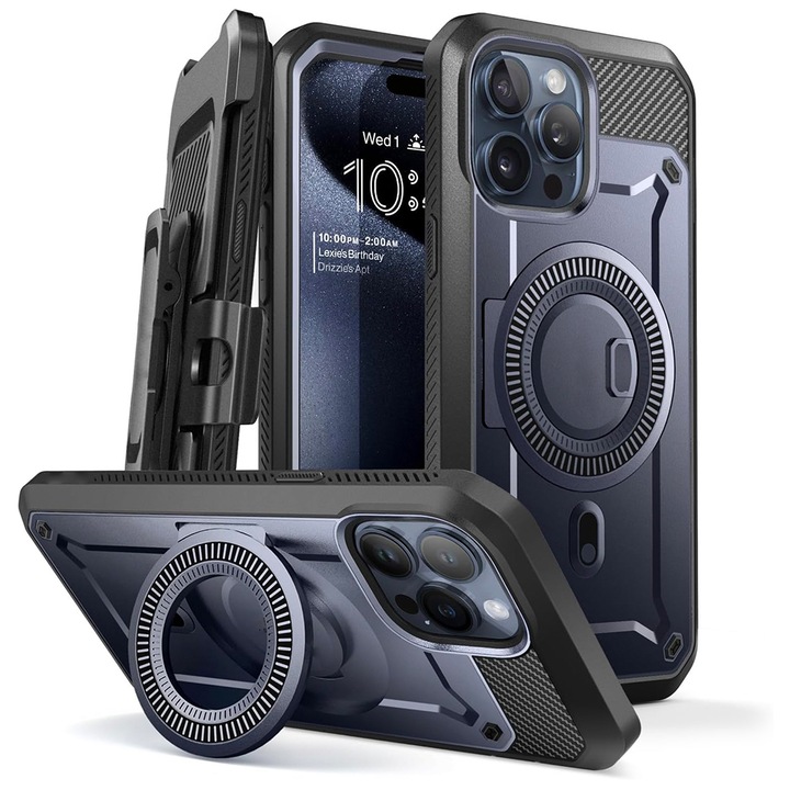 Калъф MagSafe, съвместим с Apple iPhone 15 Pro Max, FONIX Indestructible Pro, тип броня, 360 градусова защита, опора за пръстен, протектор за екран, подвижна щипка, закопчаване на колана, повдигнати ръбове, подсилени противоударни ъгли, тъмно син