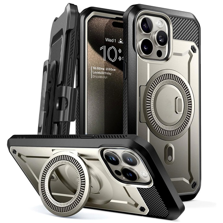 Калъф MagSafe, съвместим с Apple iPhone 15 Pro Max, FONIX Indestructible Pro, Тип броня, 360 градусова защита, Държач за пръстен, Скрийн протектор, Сваляща се щипка, Закопчаване на колана, Повдигнати ръбове, Подсилени противоударни ъгли, Сив