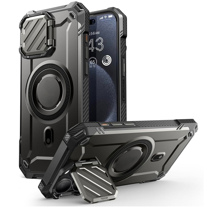 Протектор Armor, съвместим с Apple iPhone 15 Pro, FONIX Indestructible CamProtect, Регулируема опора, Защитен капак на камерата, Подсилени ъгли против удар, Съвместим с безжично зареждане MagSafe, Черен