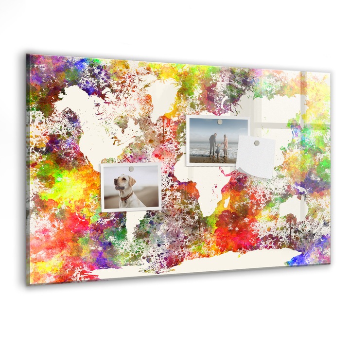 Магнитна дъска Tulup, Акварелна карта на света, 60 cm x 40 cm, Многоцветен