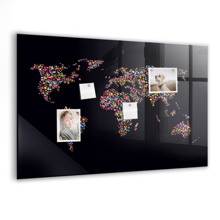 Tabla magnetica. Sticla. Harta Lumii Din Puncte. 90 cm x 60 cm. Multicolor. 00088248