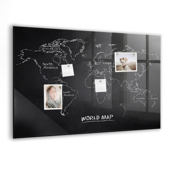 Tabla magnetica. Sticla. Tarile Pe Harta Lumii. 90 cm x 60 cm. Negru. 00088432