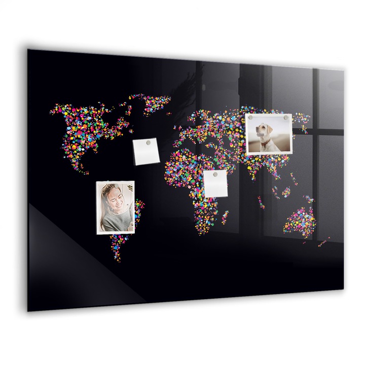 Tabla magnetica. Sticla. Harta Lumii Din Puncte. 100 cm x 70 cm. Multicolor. 00088248
