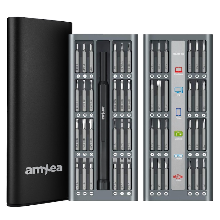 AmXea KINT 50 Черен комплект прецизни отвертки, 48 бита S2 стомана, отвертка, пинсети, алуминиева кутия