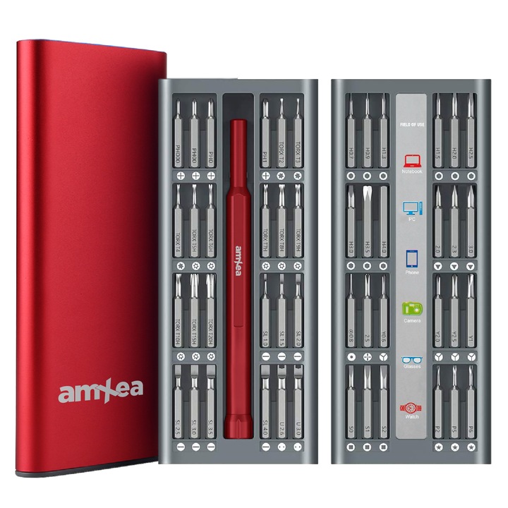 Комплект прецизни отвертки amXea KINT 50 Red, 48 бита стомана S2, отвертка, пинсети, алуминиева кутия