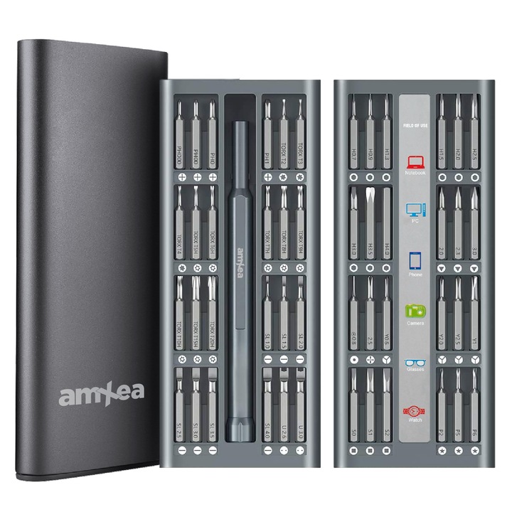 Комплект прецизни отвертки AmXea KINT 50 Grey, 48 бита S2 стомана, алуминиева кутия
