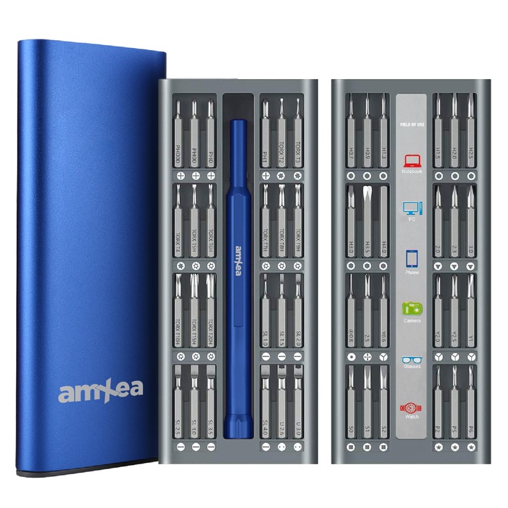 Комплект прецизни отвертки AmXea KINT 50 Blue, 48 бита S2 стомана, отвертка, пинсети, алуминиева кутия