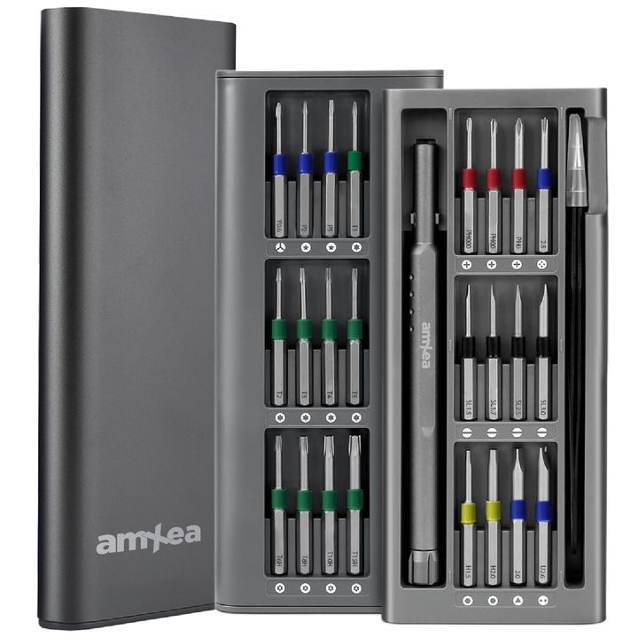 Комплект прецизни отвертки AmXea KINT 26 Grey, 24 дълги стоманени накрайника S2, отвертка, пинсети, алуминиев куфар