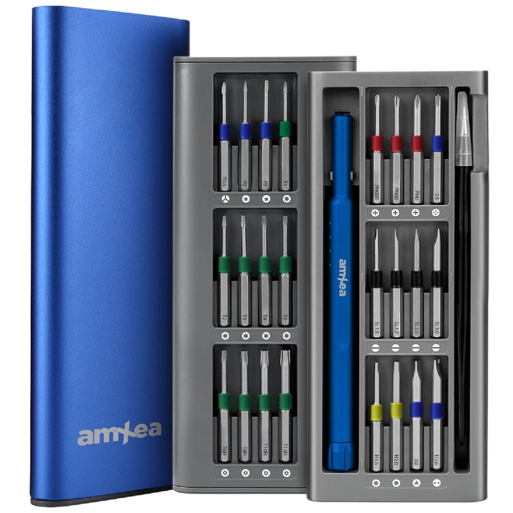 Комплект прецизни отвертки amXea KINT 26 Blue, 24 дълги бита S2 стомана, отвертка, пинсети, алуминиев куфар