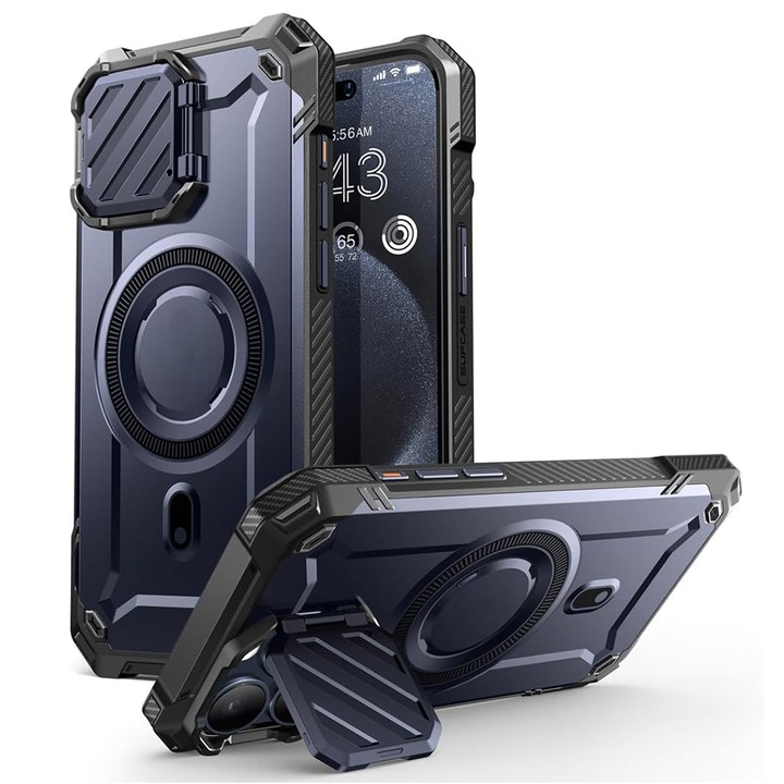 Калъф Armor, съвместим с Apple iPhone 15 Pro Max, FONIX Indestructible CamProtect, регулируема опора, защитно покритие на камерата, подсилени ъгли против удар, съвместим с безжично зареждане MagSafe, тъмносин