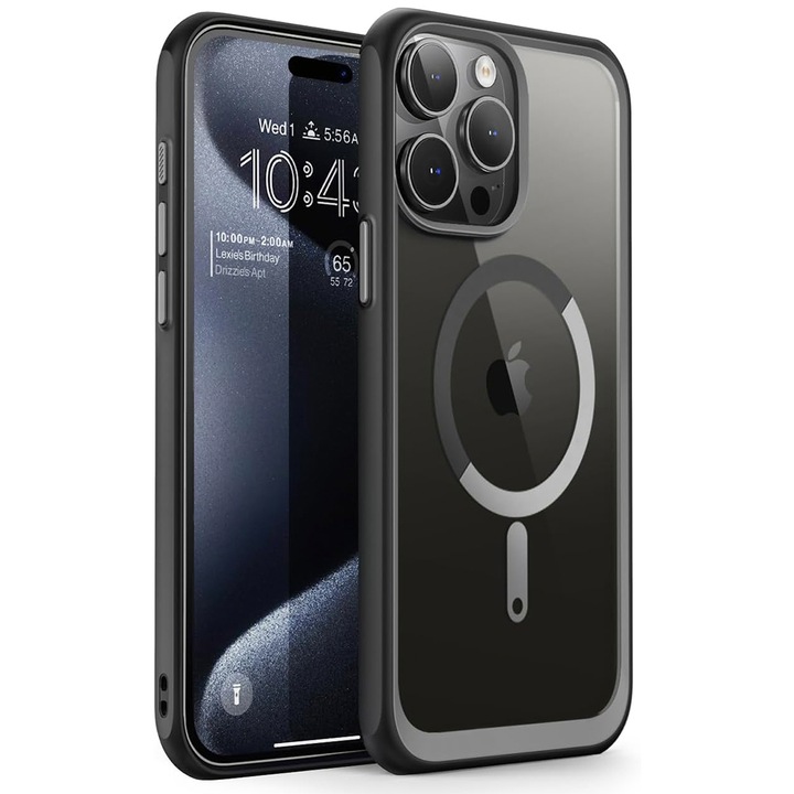 Калъф MagSafe, съвместим с Apple iPhone 15 Pro, DropProof Matte Edge, поликарбонат и TPU, повдигнати ръбове, тънък, съвместим с безжично зареждане, прозрачен/черен