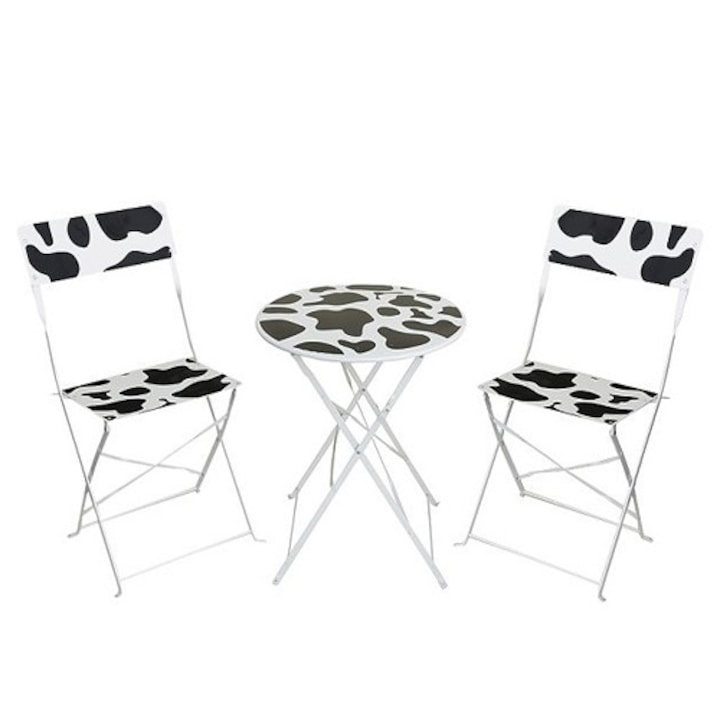 Set pliabil de gradina cu masa si 2 scaune Moo Home Zone Garden, masa 60xH71 cm, 2 scaune 42x46xH82 cm, metal, alb/negru