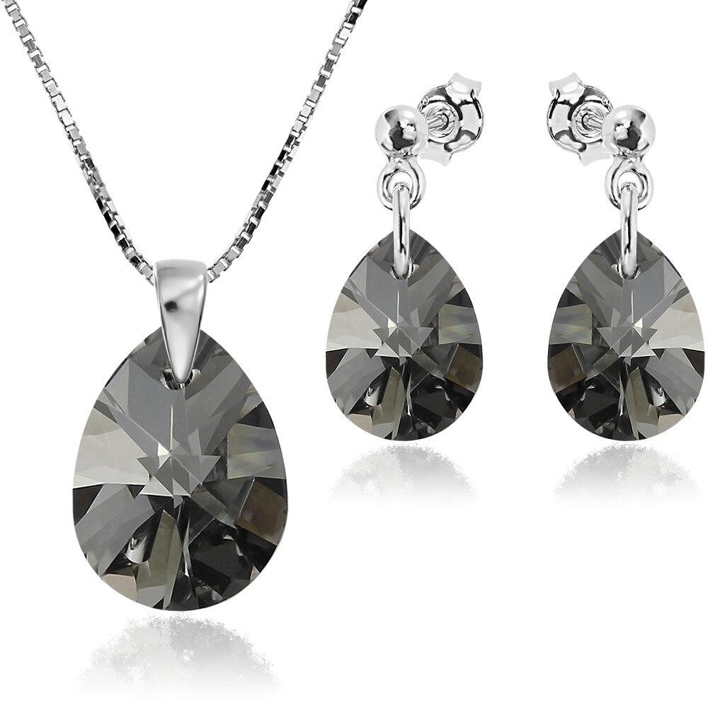 Set Argint 925 placat cu rodiu cu cristale Swarovski® Minipear 12mm Surub Silver Night + Lant