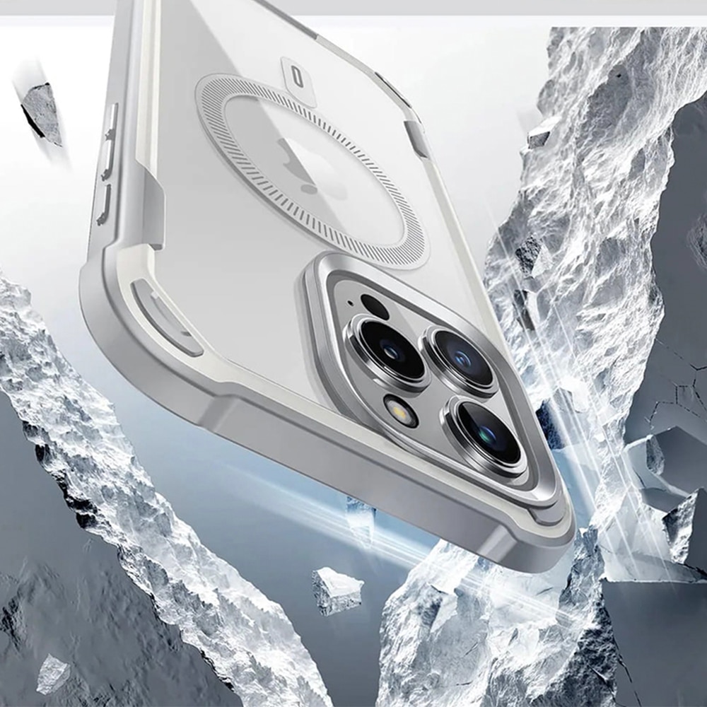 Husa tip MagSafe compatibila cu Apple iPhone 15 Pro Max, FONIX HardEdge 360, Protector de ecran inclus, Colturi intarite anti-soc, Margini ridicate, Rezistenta crescuta la socuri, Compatibila cu incarcare wireless, Transparent/Alb
