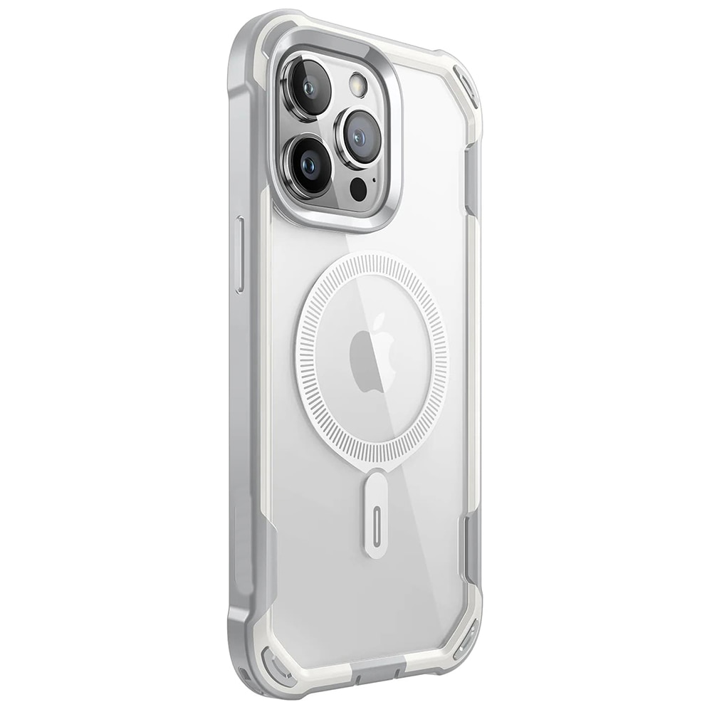 Husa tip MagSafe compatibila cu Apple iPhone 15 Pro Max, FONIX HardEdge 360, Protector de ecran inclus, Colturi intarite anti-soc, Margini ridicate, Rezistenta crescuta la socuri, Compatibila cu incarcare wireless, Transparent/Alb