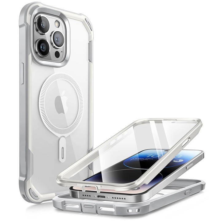 Husa tip MagSafe compatibila cu Apple iPhone 15 Pro Max, FONIX HardEdge 360, Protector de ecran inclus, Colturi intarite anti-soc, Margini ridicate, Rezistenta crescuta la socuri, Compatibila cu incarcare wireless, Transparent/Alb