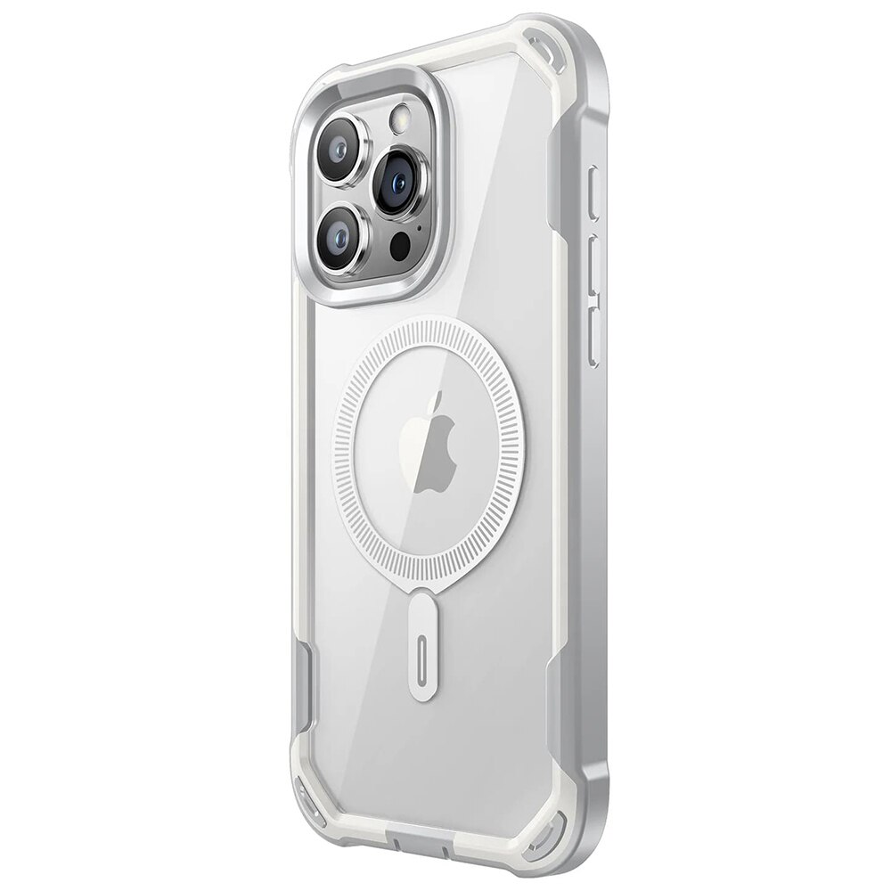 Husa tip MagSafe compatibila cu Apple iPhone 15 Pro Max, FONIX HardEdge 360, Protector de ecran inclus, Colturi intarite anti-soc, Margini ridicate, Rezistenta crescuta la socuri, Compatibila cu incarcare wireless, Transparent/Alb