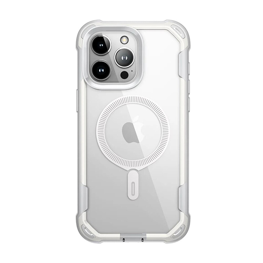 Husa tip MagSafe compatibila cu Apple iPhone 15 Pro Max, FONIX HardEdge 360, Protector de ecran inclus, Colturi intarite anti-soc, Margini ridicate, Rezistenta crescuta la socuri, Compatibila cu incarcare wireless, Transparent/Alb