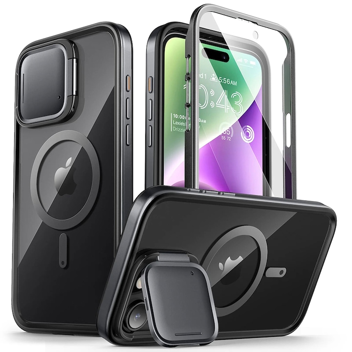 Калъф MagSafe, съвместим с Apple iPhone 15 Pro Max, LensShield MagConnect, 360 градусова защита, Повдигнати ръбове, Протектор на екрана, Устойчивост на удар, Регулируема стойка, Защита на модула на камерата, Прозрачен/черен
