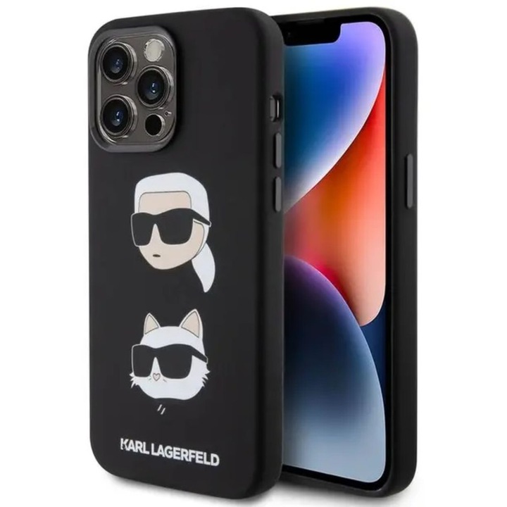 Калъф Karl Lagerfeld Liquid Silicone Karl & Choupette Heads, съвместим с iPhone 15 Pro Черен