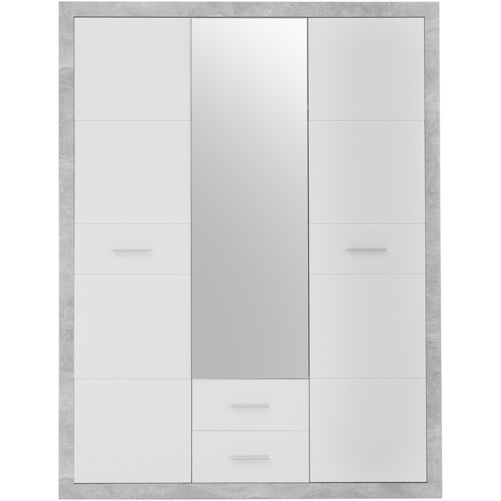 Dulap/Dressing Stone 3, 151x55x198 cm, 3 usi, 2 sertare, oglinda, culoare Gri Beton, Alb