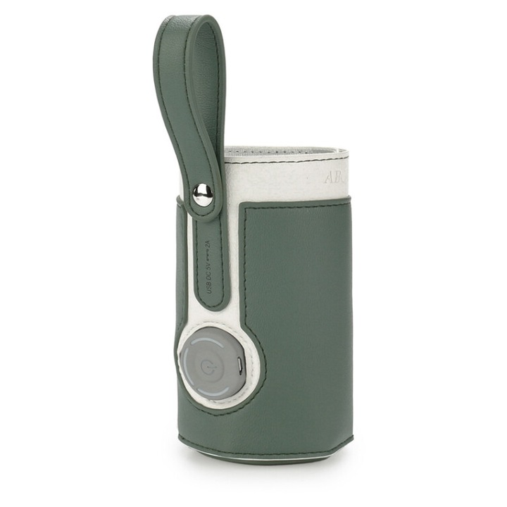 Incalzitor portabil biberoane, incarcare USB, circumferinta ajustabila, 3 niveluri de temperatura, material cu 4 straturi, piele PU, 29x13cm, verde