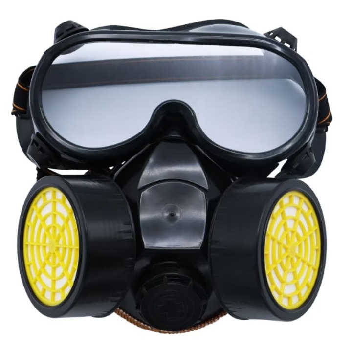 Set masca si ochelari de protectie, echipat cu doua filtre de carbon activ, Negru