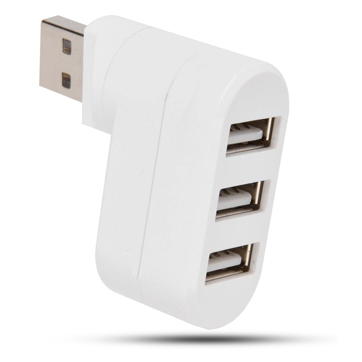 USB hub 3 az 1-ben, 180 fokban forgatható, 3 portos USB 3.0 adapter, splitter, kompatibilis laptopokkal, MacBook, PC, Fehér