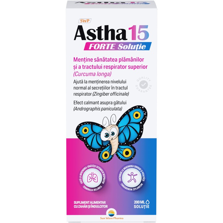 Astha 15 Forte Soluție, Sun Wave Pharma, Piper-negru, scortisoara pentru sănătatea sistemului respirator, curcuma, cardamom, ghimbir, 200 ml