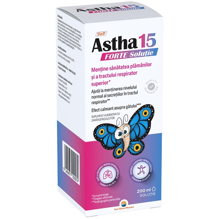 Astha 15 Forte Soluție, Sun Wave Pharma, Piper-negru, scortisoara pentru sănătatea sistemului respirator, curcuma, cardamom, ghimbir, 200 ml