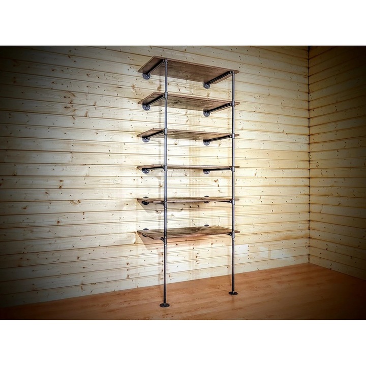 Biblioteca in stil industrial, Worgret, 60x150x20 cm, negru/nuc