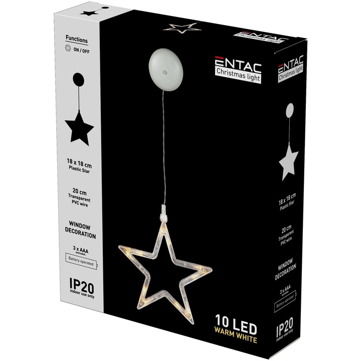 Decor pentru geam luminoasa, Entac, Stea, 10 LED-uri, IP 20, Alb cald