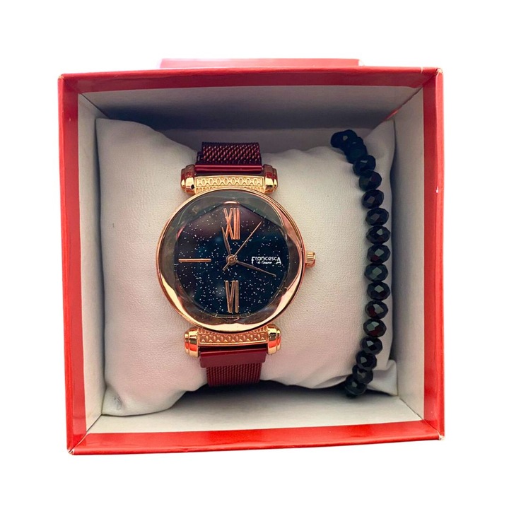 Дамски часовник с подходяща гривна, Francesca di Geneva, кварц, аналогов, неръждаема стомана, червено със злато