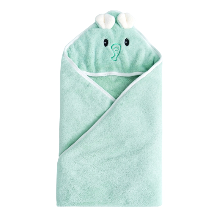 Бебешка хавлия с качулка, 100% памук, супер абсорбираща, 80x80 см, зелена