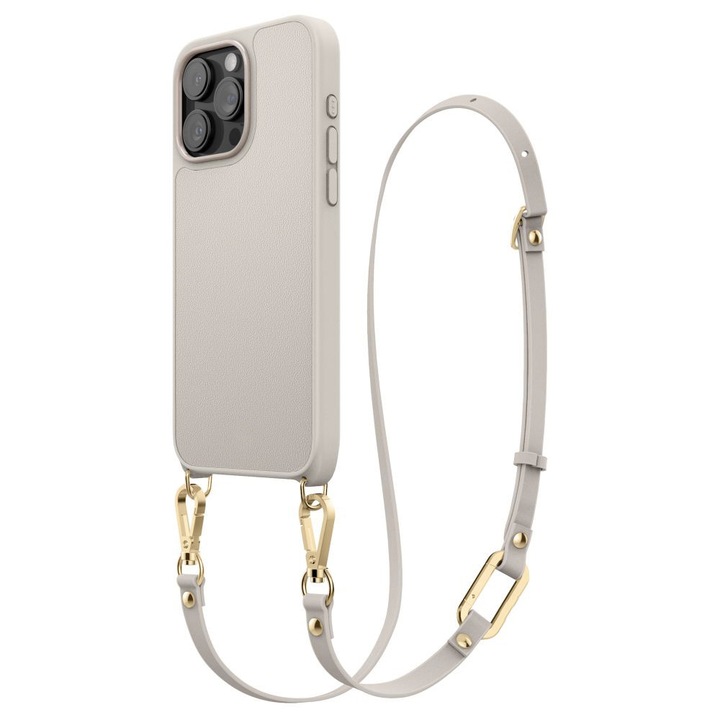 Husa de protectie compatibila cu Apple iPhone 15 Pro, Glamour Lanyard, Curea ajustabila 1.4m, Bumper anti-aderent, Margini ridicate, Crem