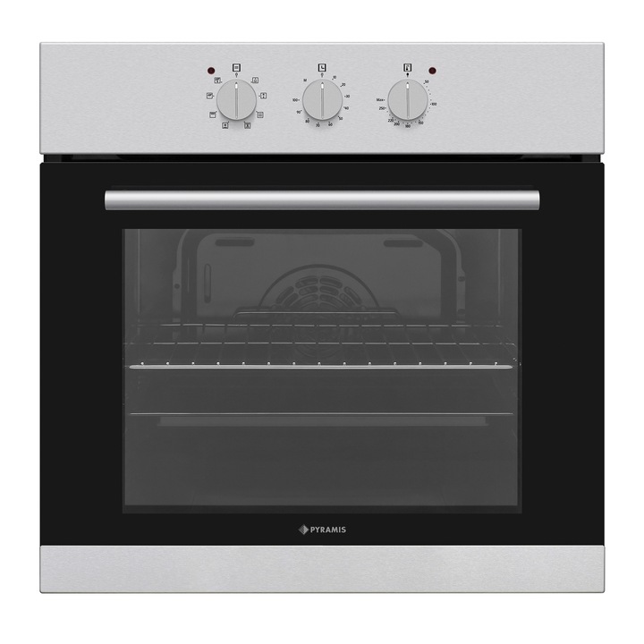 Pachet Pyramis Premium 202300338, cuptor electric incorporabil, plita gaz si hota telescopica, 8 moduri de operare, clasa A, volum 69 litri, control mecanic, timer, easy clean, gratare emailate, wok, finisaj inox