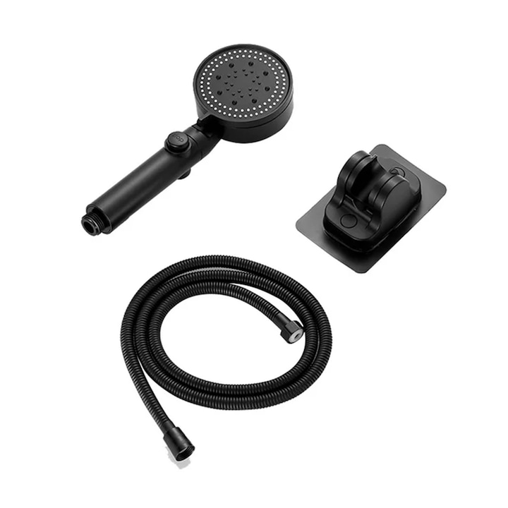 Set dus de lnalta presiune, Zggzerg, Cu furtun de 2 m din otel lnoxidabil si suport pentru para, 5 moduri de pulverizare si Comutator de Pauza, Gama larga de aplicatii, Inlocuire excelenta pentru capul de dus pentru baie, Negru