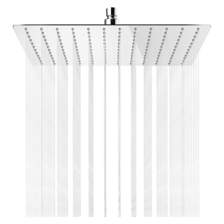 Душ глава, Zggzerg, Със силиконова дюза, Предотвратява запушване, Ултра тънък дизайн, Полирана хромирана повърхност, Въртящ се конектор, За стена или таван, 30 x 30 см, Квадрат, Неръждаема стомана, Сребро