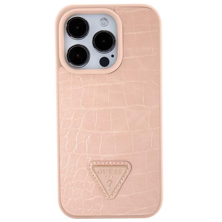 Husa Guess compatibila cu iPhone 15 Pro, Croco Triangle Metal Logo, Roz