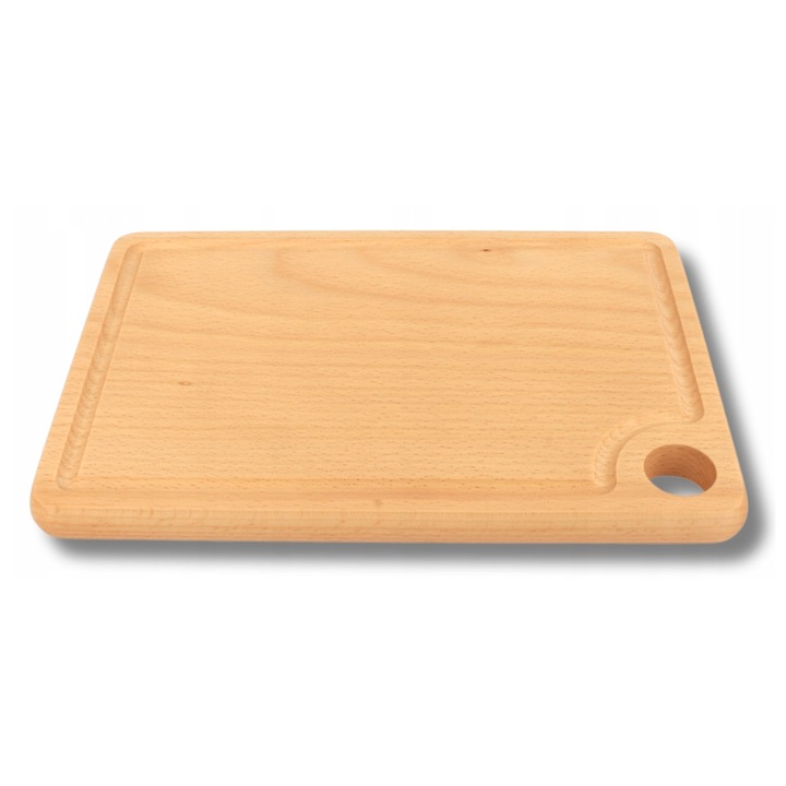 Tocator de bucatarie profesional din lemn de fag, cu o gaura pentru deget, Mic, Set pentru taiat si servire, Pentru servirea felurilor de mancare si aperitive, Elegant, Puternic, Durabil, Maro, De la producator, Woodcarver, 26x18x1.7 cm