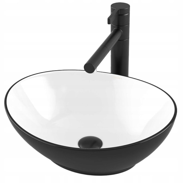 Lavoar pe blat chuvieta baie Rebiko oval, ceramic, design modern si elegant, alb negru, 42 x 34 x 15 cm
