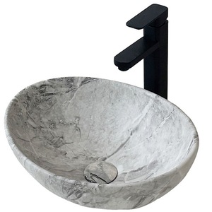 Lavoar pe blat Rebiko oval, ceramic, design modern si elegant, model de marmura, 42 x 34 x 15 cm