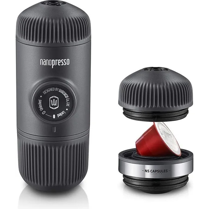 Комплект преносима кафе машина Wacaco Nanopresso, Grey + NS адаптор за Nespresso съвместими капсули