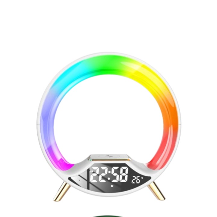Lampa inteligenta RGB cu incarcator wireless, difuzor bluetooth si 7 tipuri de lumini, ceas cu alarma inteligent pentru birou sau acasa (alb)