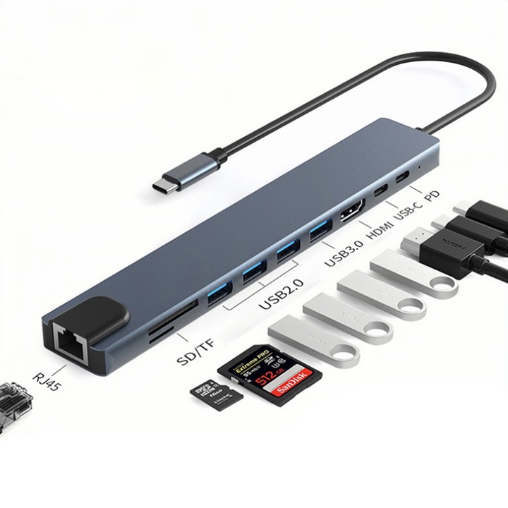 Hub adapter többportos 10 az 1-ben, USB-C 3.1, 4K HDMI kimenet, LAN RJ45 Ethernet (1000 MB/s), 3x USB 2.0, 1x USB 3.0, Power Delivery Port 87W, TF és SD kártyaolvasó, Laptop dokkolóállomás, MacBook Air/Pro, Chromebook, Táblagép, Szürke